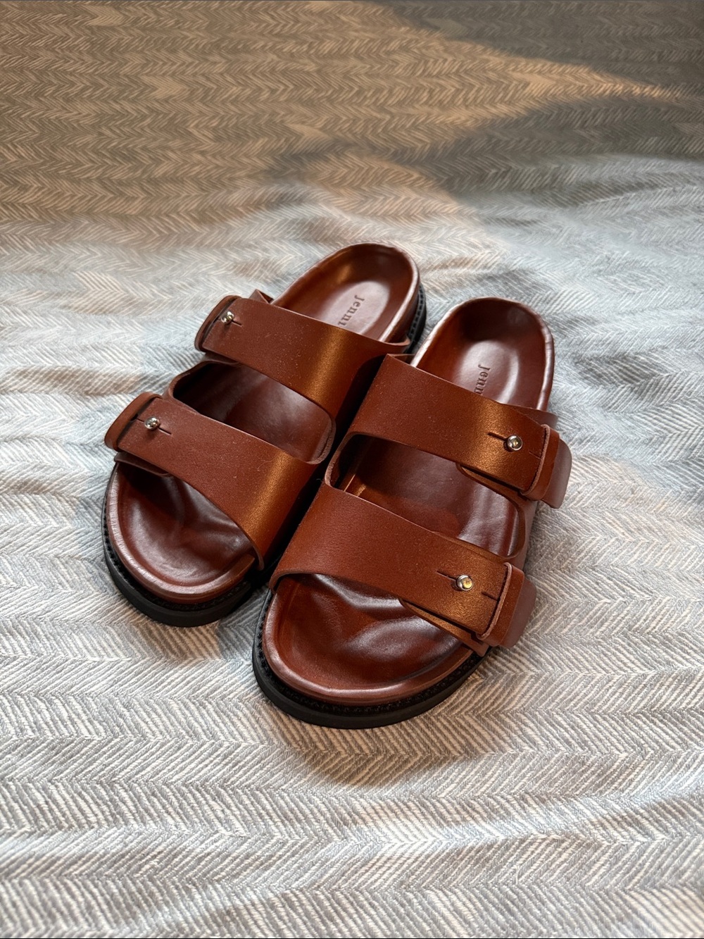 Jenni Kayne Brown Double-Strap Leather Slide Sandals